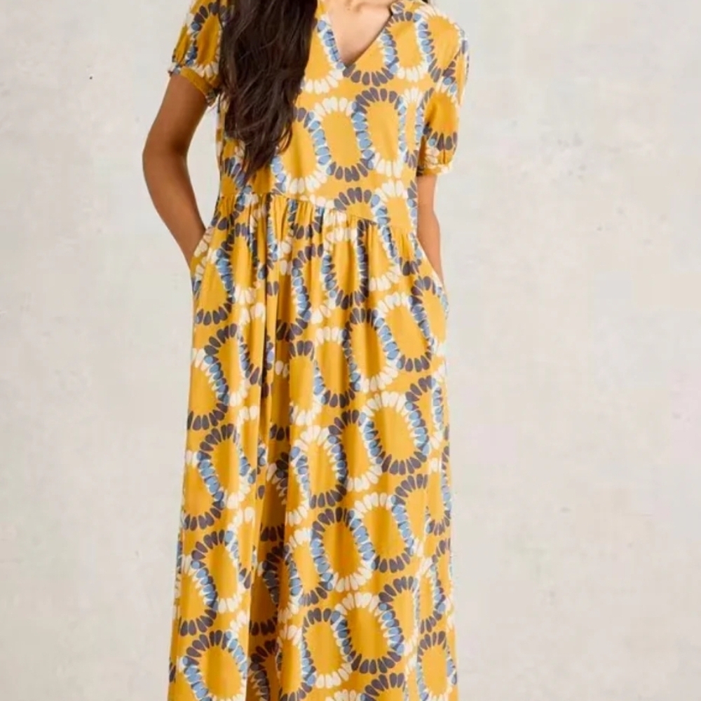 White Stuff Leah Jersey Midi Dress Yellow Multi SZ 6  NWT